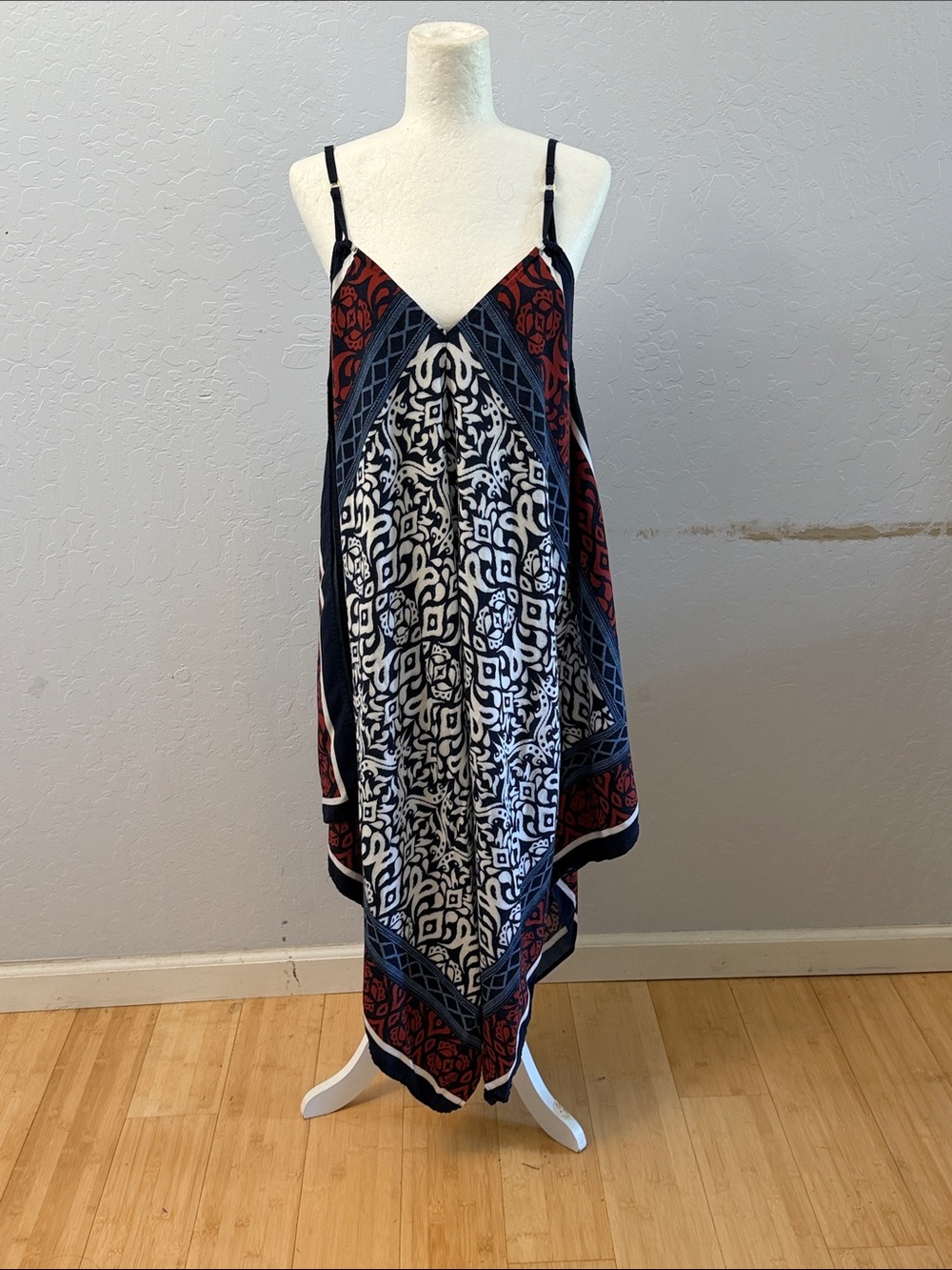 Tommy Bahama Navy, Red & White Asymmetrical Handkerchief Hem Dress